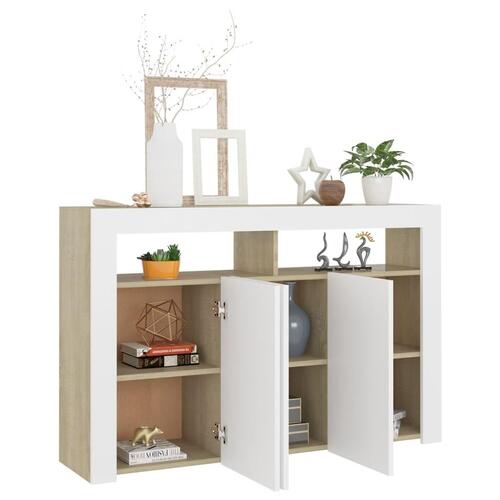 Skænk med LED-lys 115,5x30x75 cm hvid og sonoma-eg