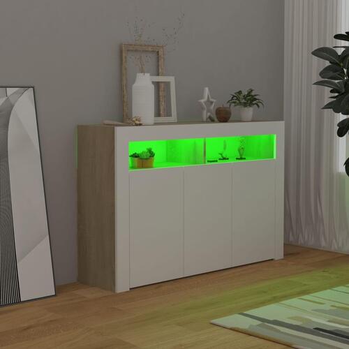 Skænk med LED-lys 115,5x30x75 cm hvid og sonoma-eg