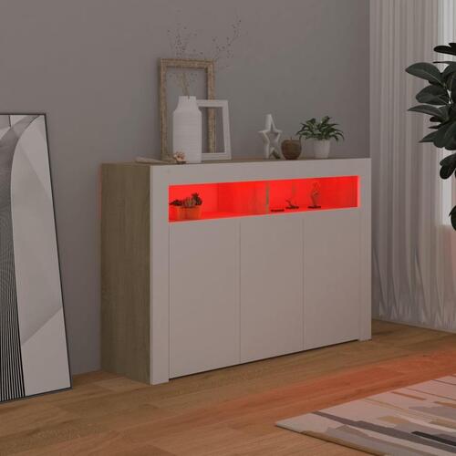 Skænk med LED-lys 115,5x30x75 cm hvid og sonoma-eg