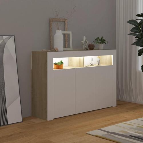 Skænk med LED-lys 115,5x30x75 cm hvid og sonoma-eg