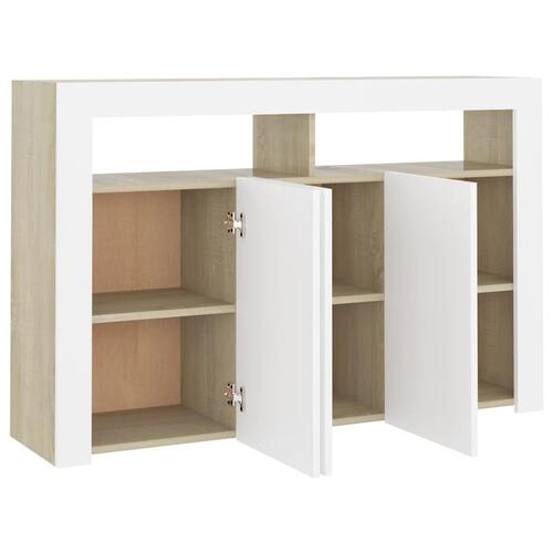 Skænk med LED-lys 115,5x30x75 cm hvid og sonoma-eg