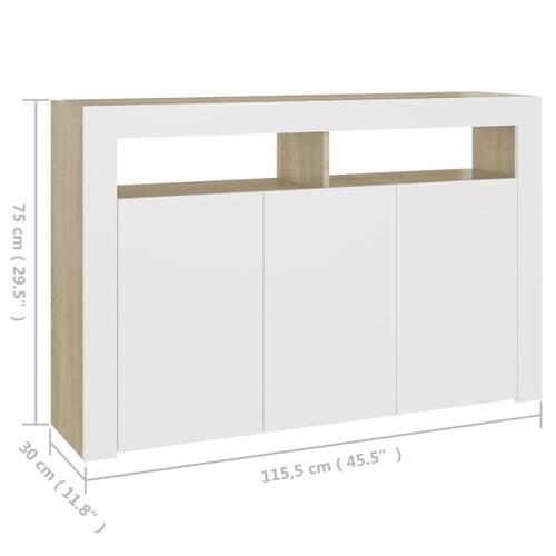 Skænk med LED-lys 115,5x30x75 cm hvid og sonoma-eg