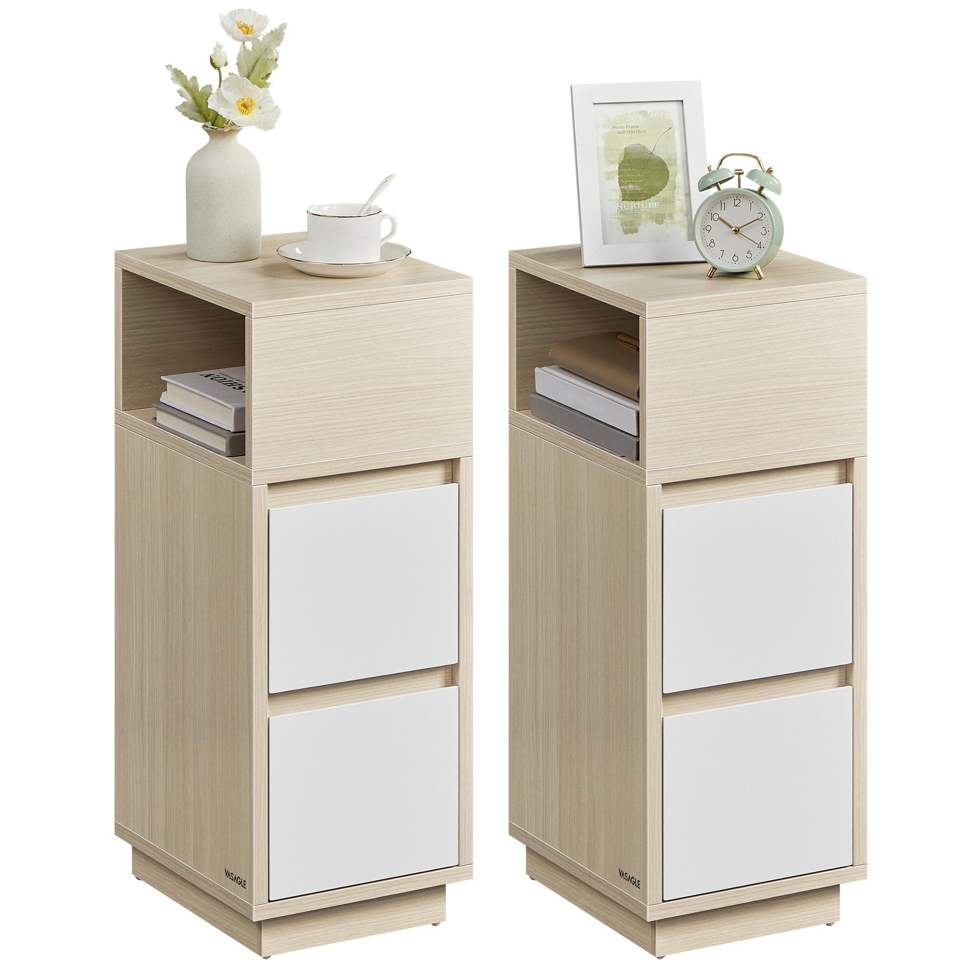 Sæt med 2 slanke sengeborde med skuffer - KAILYN, naturbeige/cloud hvid