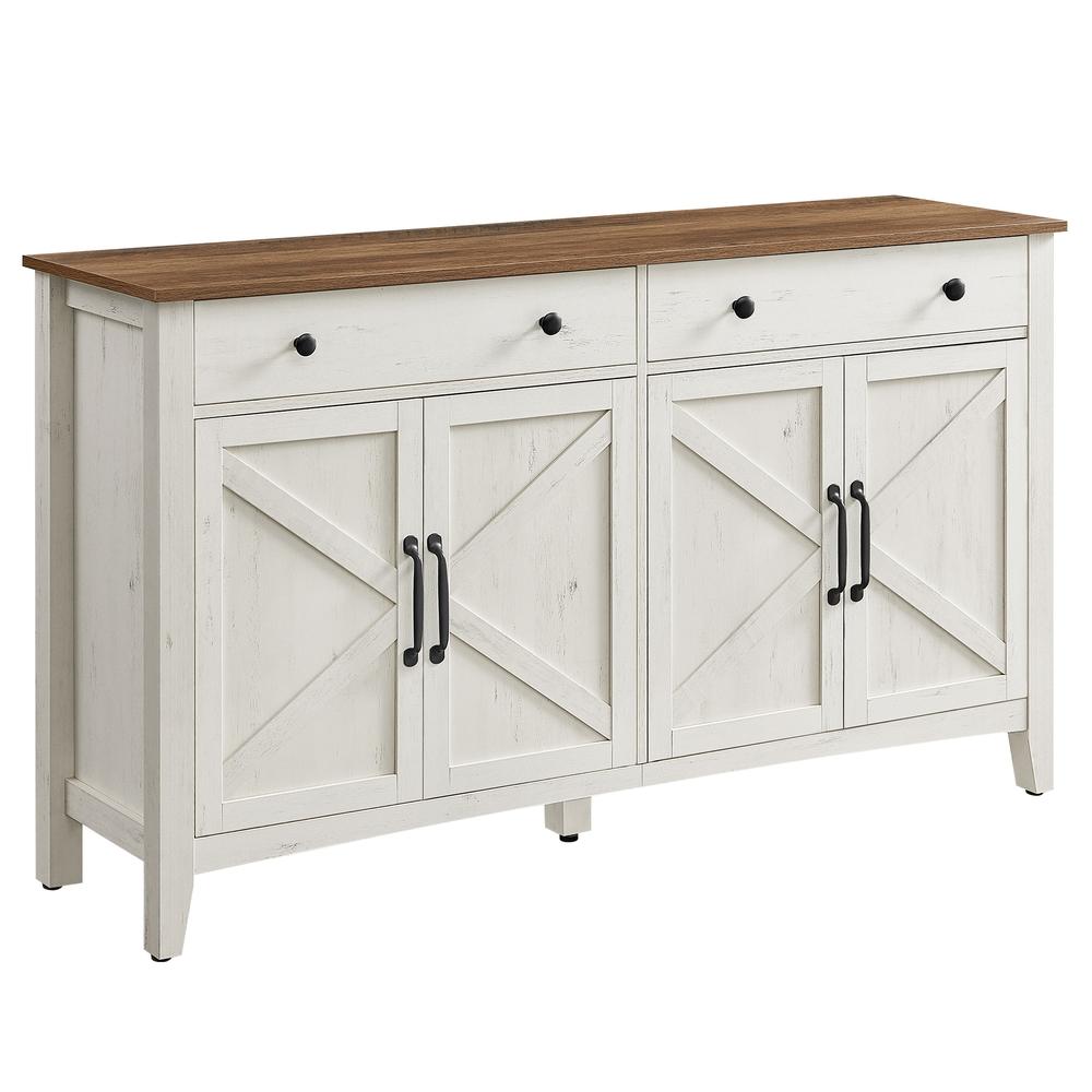 Buffet skænk med justerbar hylde, skuffer og låger - landlig stil, 140 × 40 × 80 cm, hvid/brun