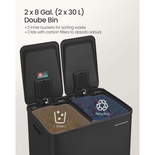 Dobbelt skraldespand med pedal, 2 x 30 l – soft close, inderspande, stål – ink black (LTB741B02)