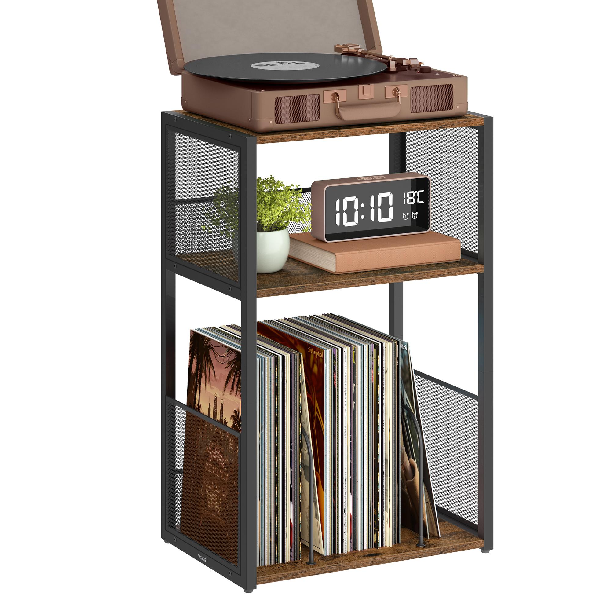Pladespillerbord med 3 hylder - vinylopbevaring til op til 100 albums, sidebord til stue og soveværelse, rustik brun