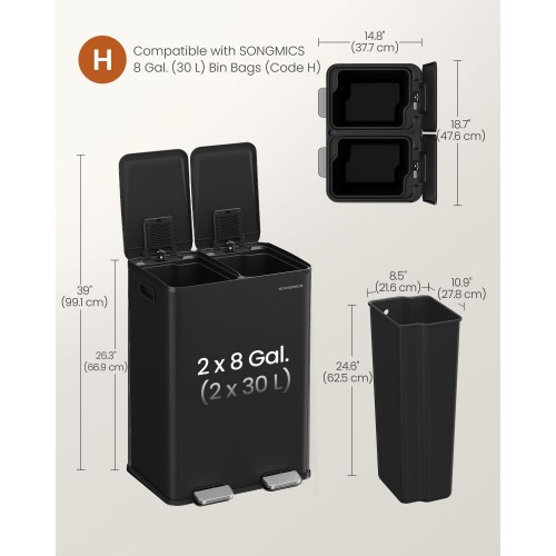 Dobbelt skraldespand med pedal, 2 x 30 l – soft close, inderspande, stål – ink black (LTB741B02)