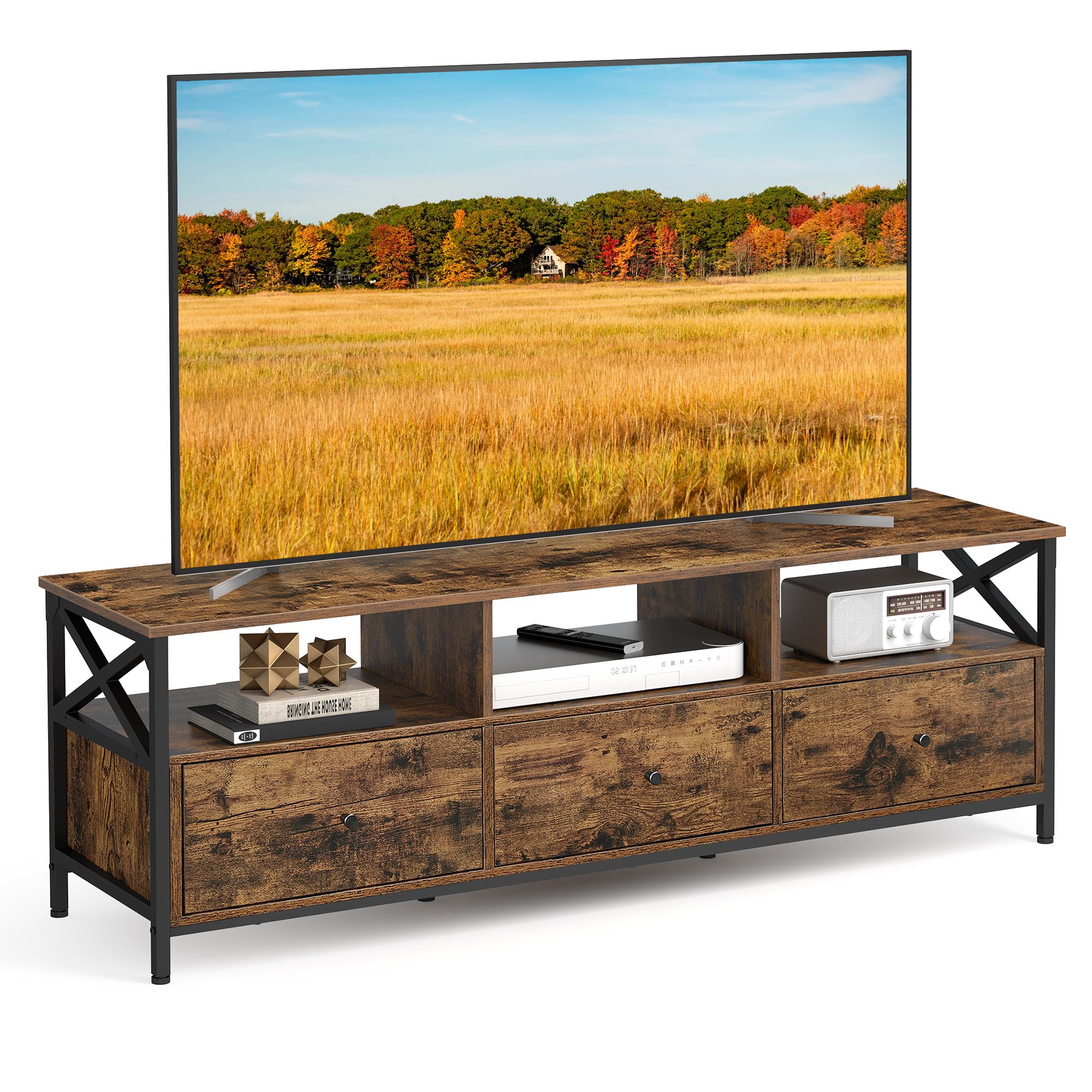 TV-bord til op til 65" - 3 skuffer, 3 åbne hylder, stålramme - rustik brun/sort, 147 × 40 × 50 cm