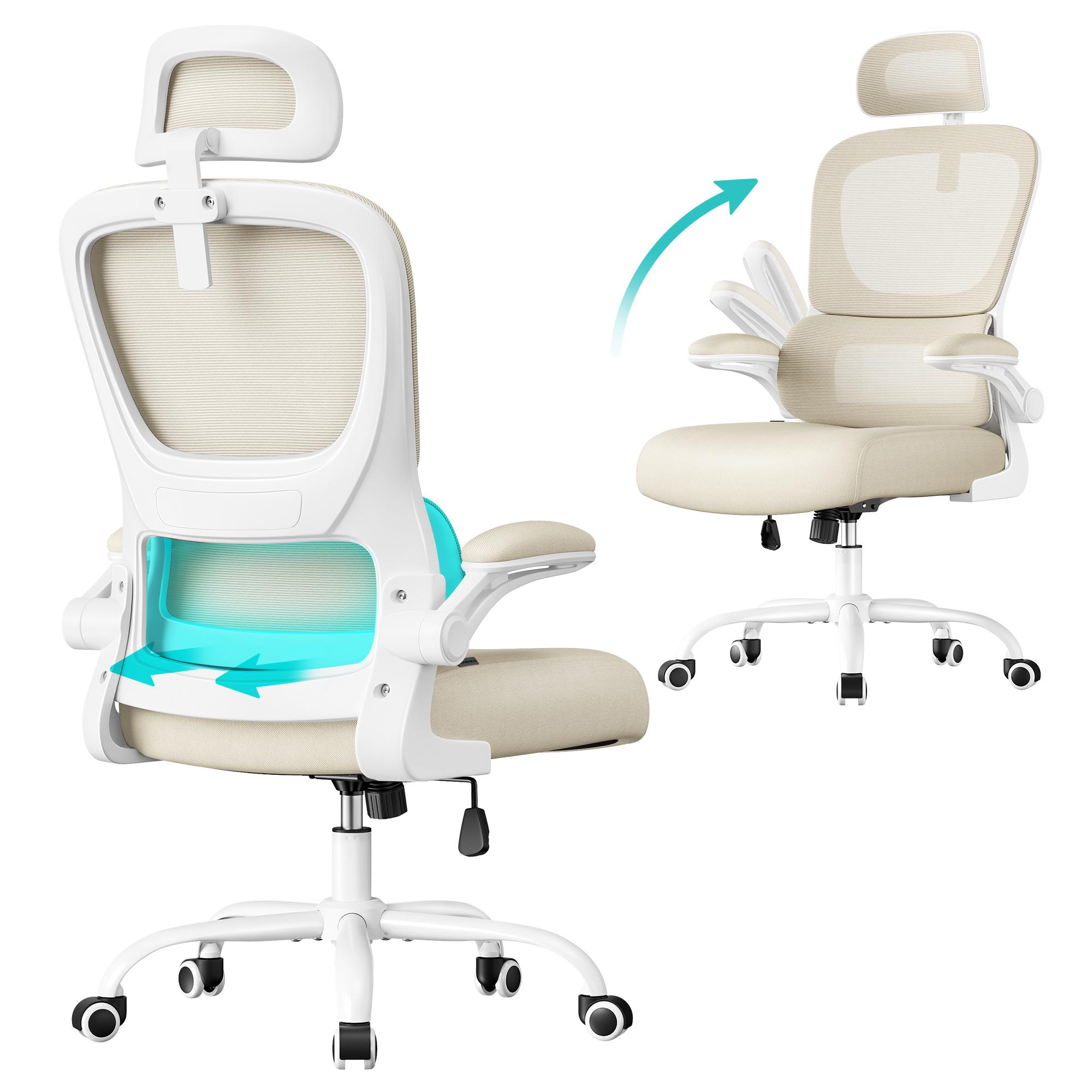 Ergonomisk kontorstol i mesh – dynamisk lændestøtte, justerbar nakkestøtte, sandbeige