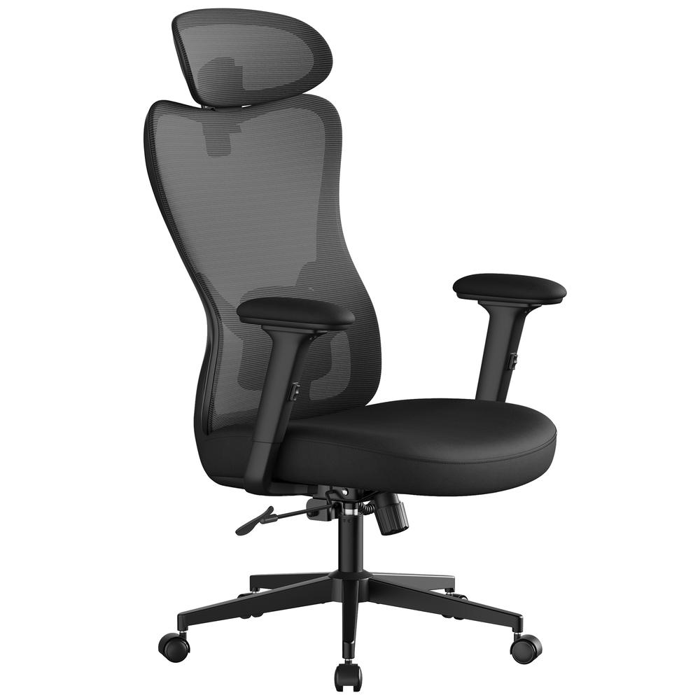 Ergonomisk kontorstol med justerbar nakkestøtte og lændestøtte – sort (op til 150 kg)