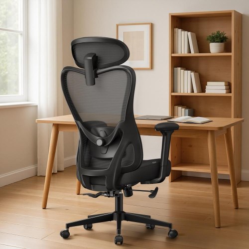 Ergonomisk kontorstol med justerbar nakkestøtte og lændestøtte – sort (op til 150 kg)