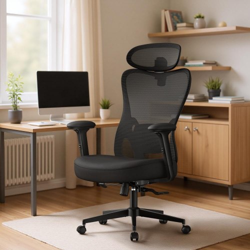 Ergonomisk kontorstol med justerbar nakkestøtte og lændestøtte – sort (op til 150 kg)