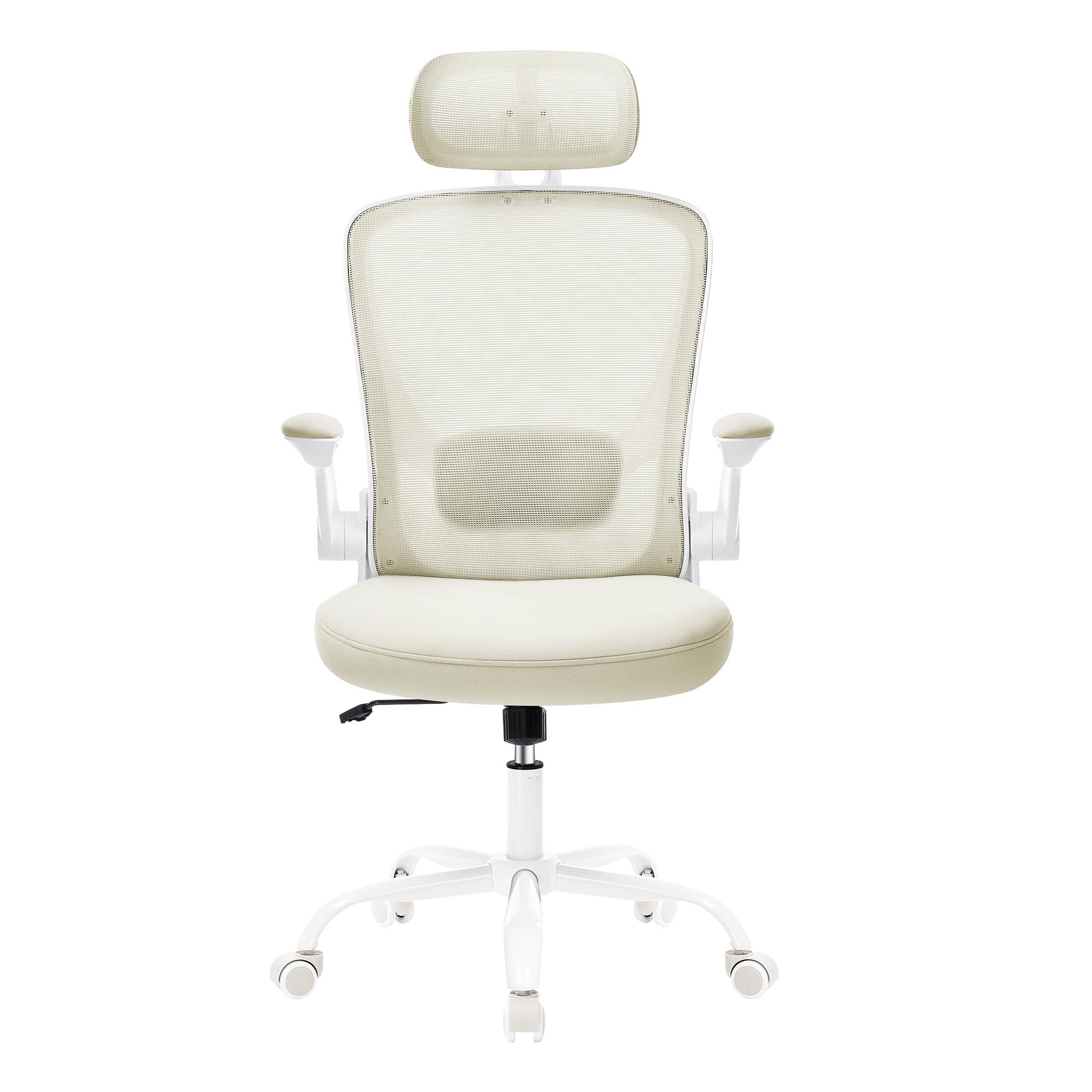 Ergonomisk mesh kontorstol med lænde- og nakkestøtte, vippefunktion og foldbare armlæn - beige