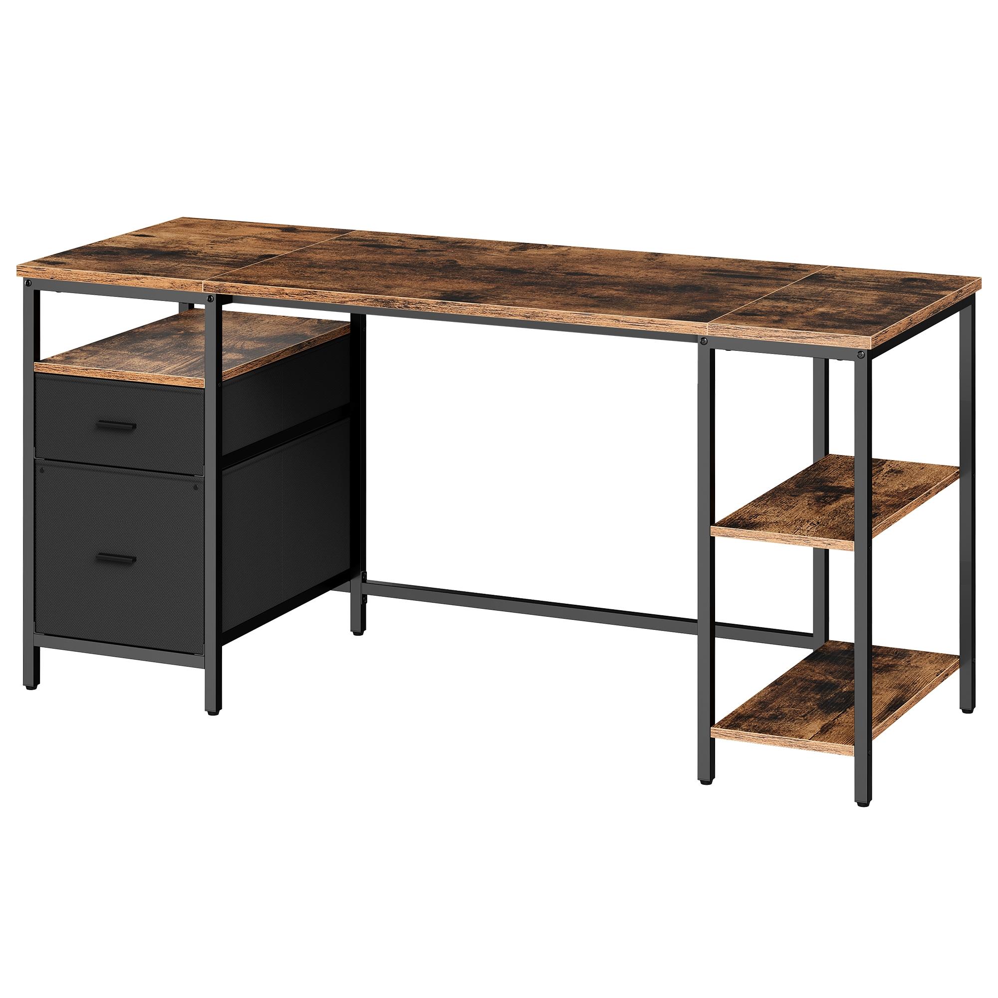 Skrivebord med opbevaring – 160 × 60 × 76 cm, 3 hylder og 2 skuffer, industrielt look i rustik brun/sort
