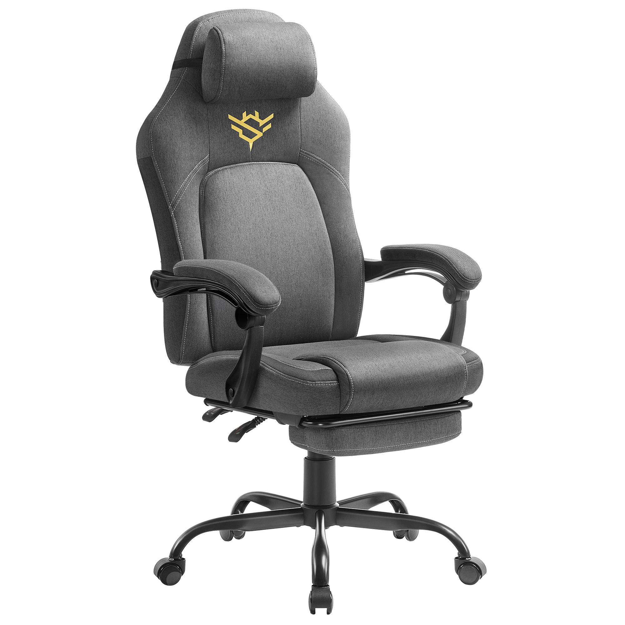 Gamingstol med fodstøtte - ergonomisk kontorstol i bomuld/ hør-blend, højdejusterbar, duegrå