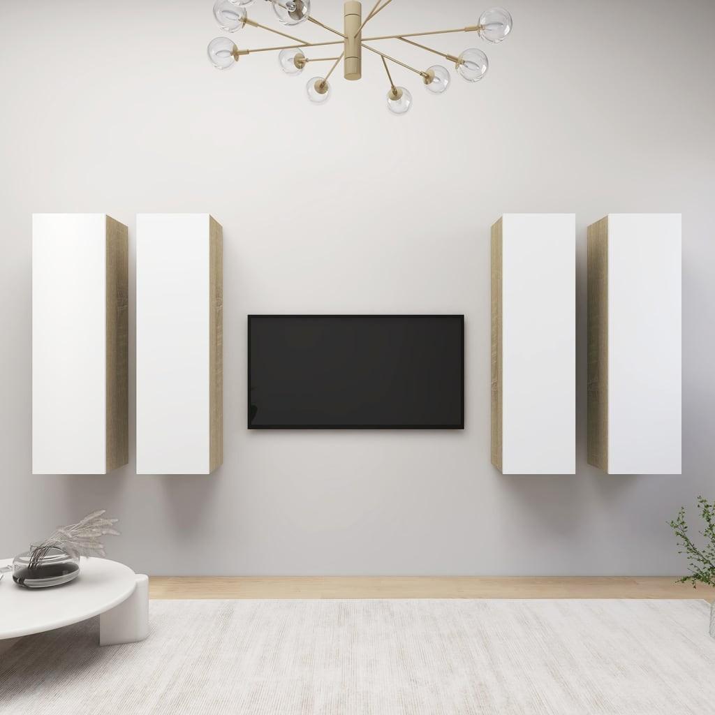 Tv-skabe 4 dele 30,5x30x110cm konstrueret træ hvid og sonoma-eg