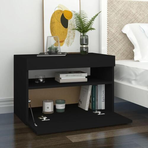Sengebord med LED-lys 60x35x40 cm konstrueret træ sort