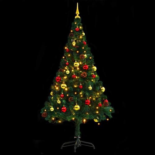 Kunstigt juletræ med kugler og LED-lys 150 cm grøn