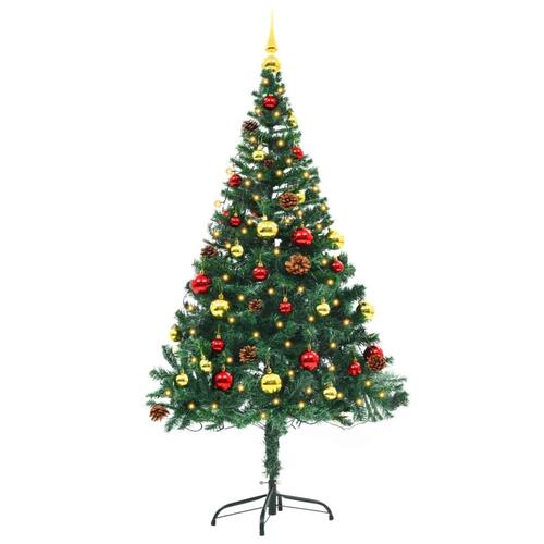 Kunstigt juletræ med kugler og LED-lys 150 cm grøn