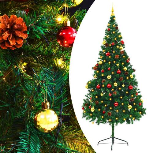 Kunstigt juletræ med kugler og LED-lys 210 cm grøn