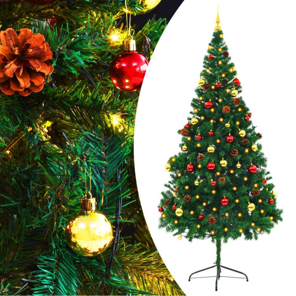 Kunstigt juletræ med kugler og LED-lys 210 cm grøn