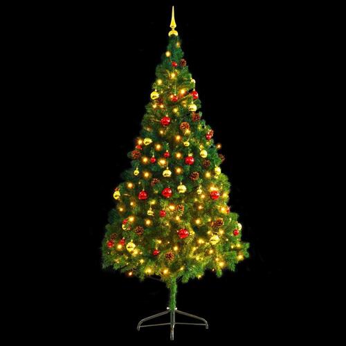 Kunstigt juletræ med kugler og LED-lys 210 cm grøn