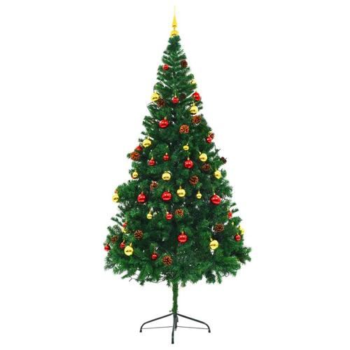 Kunstigt juletræ med kugler og LED-lys 210 cm grøn