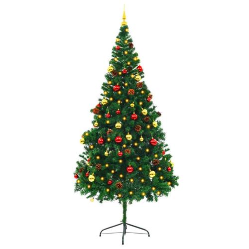 Kunstigt juletræ med kugler og LED-lys 210 cm grøn