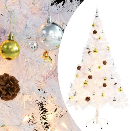 Kunstigt juletræ med kugler og LED-lys 150 cm hvid