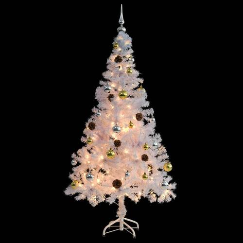 Kunstigt juletræ med kugler og LED-lys 150 cm hvid