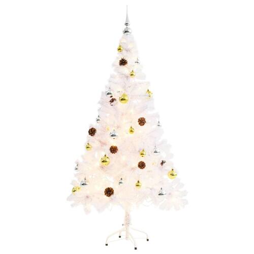 Kunstigt juletræ med kugler og LED-lys 150 cm hvid