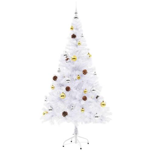 Kunstigt juletræ med kugler og LED-lys 150 cm hvid