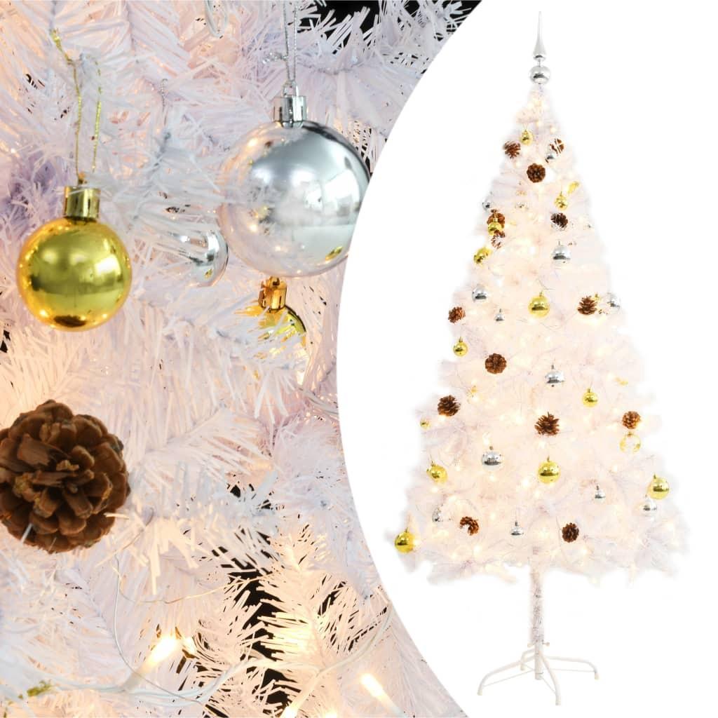 Kunstigt juletræ med kugler og LED-lys 180 cm hvid