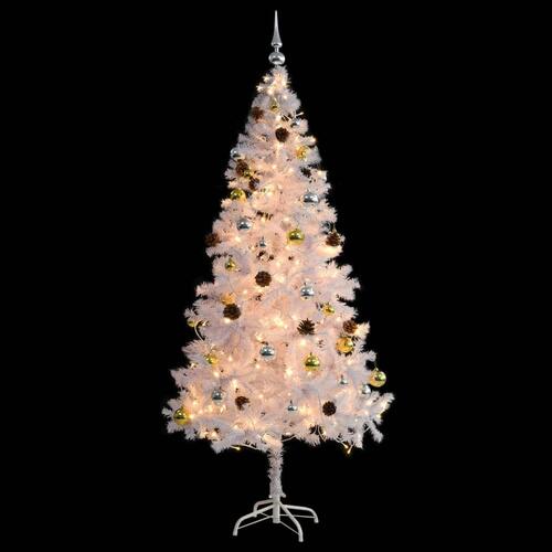 Kunstigt juletræ med kugler og LED-lys 180 cm hvid