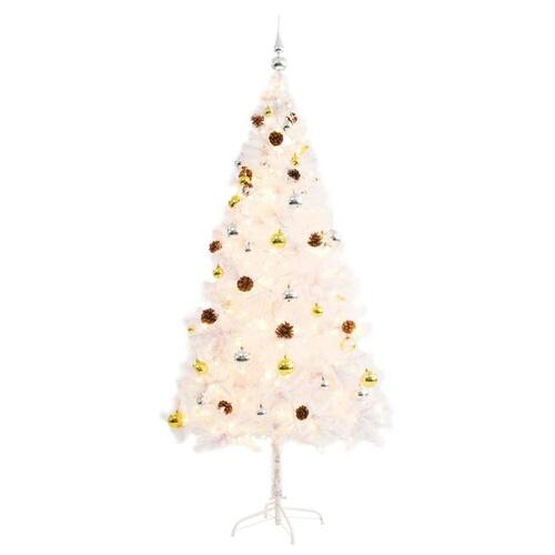 Kunstigt juletræ med kugler og LED-lys 180 cm hvid