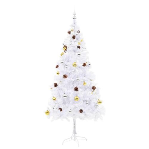 Kunstigt juletræ med kugler og LED-lys 180 cm hvid