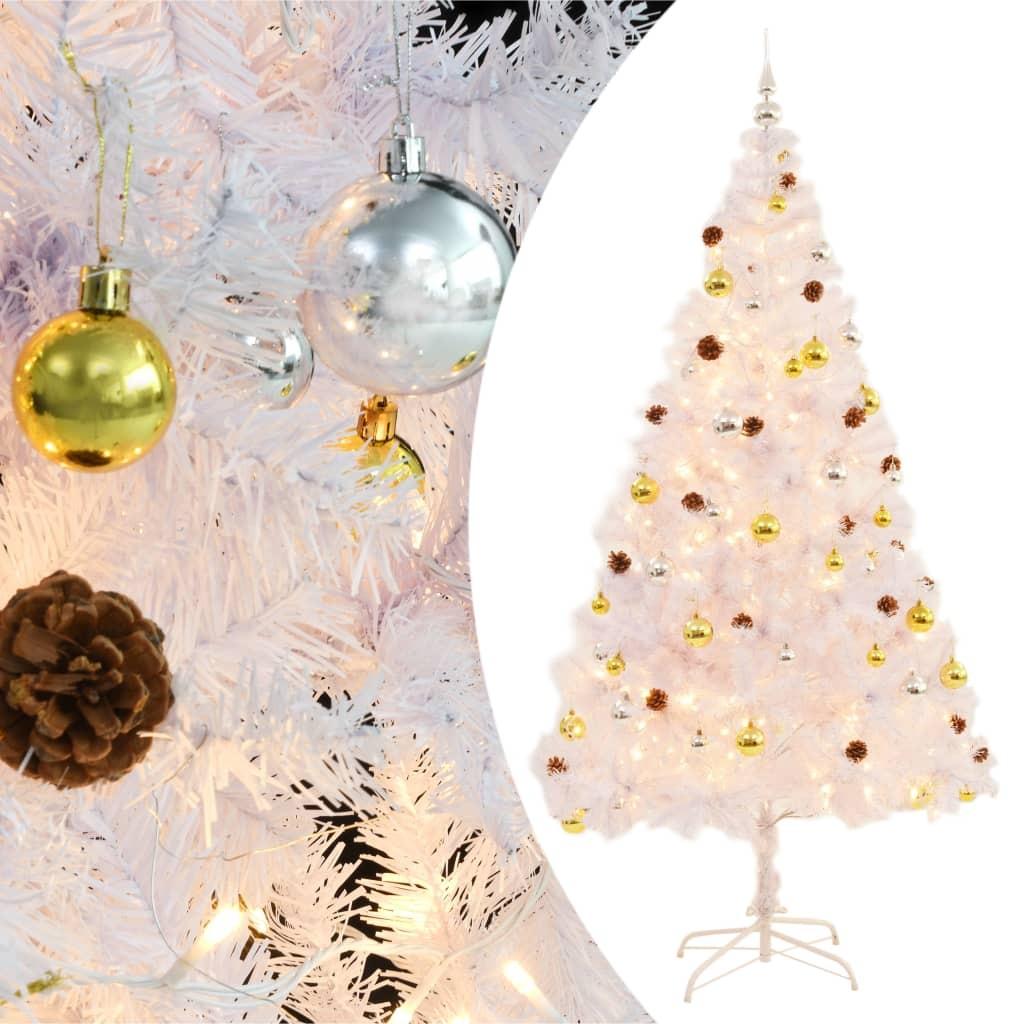 Kunstigt juletræ med kugler og LED-lys 210 cm hvid