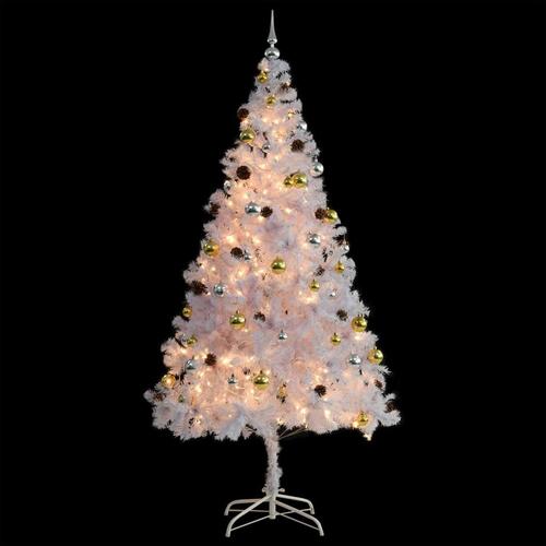 Kunstigt juletræ med kugler og LED-lys 210 cm hvid