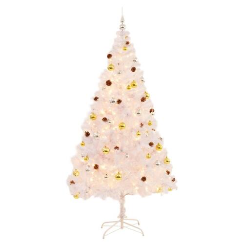 Kunstigt juletræ med kugler og LED-lys 210 cm hvid