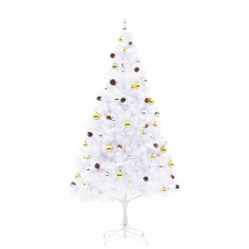 Kunstigt juletræ med kugler og LED-lys 210 cm hvid