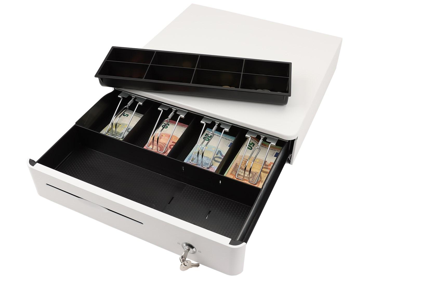 OLYMPIA M405 elektronisk kasseskuffe - hvid, 4 seddel/8 mønt billede