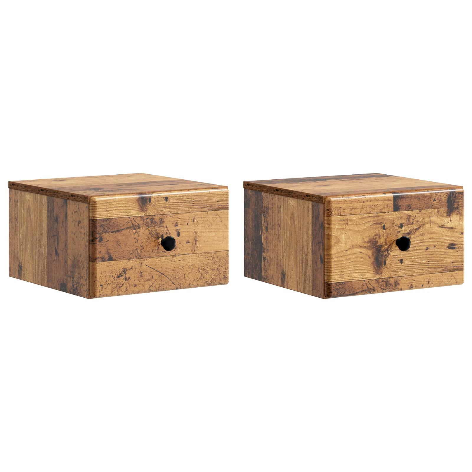 Væghængt Natbord med skuffe 2 stk Gammelt træ 34,5 x 33 x 20 cm billede
