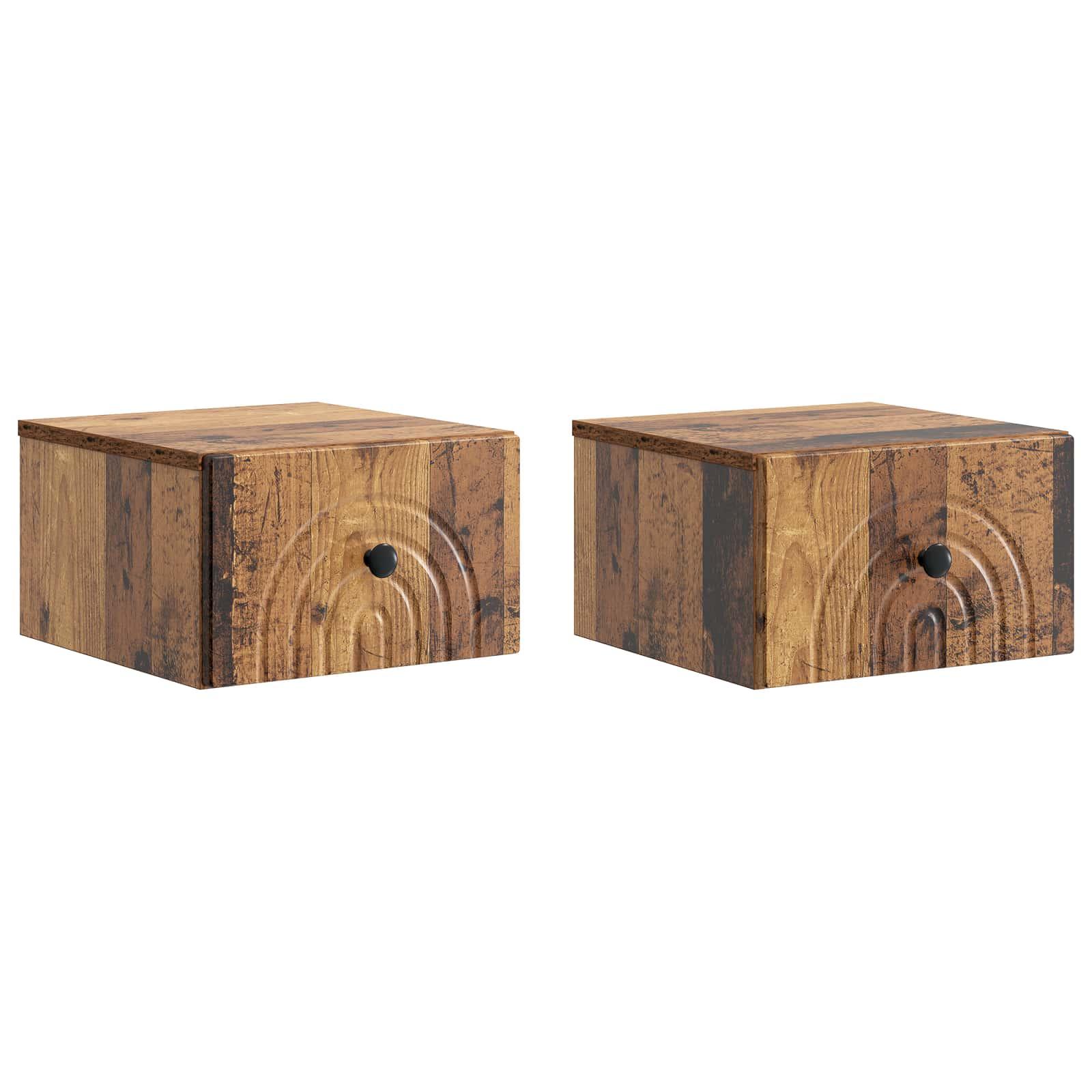 Væghængt Natbord med skuffe 2 stk Gammelt træ 33 x 34,5 x 20 cm billede