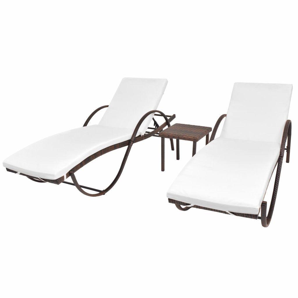 Liggestole 2 stk. med bord polyrattan brun billede