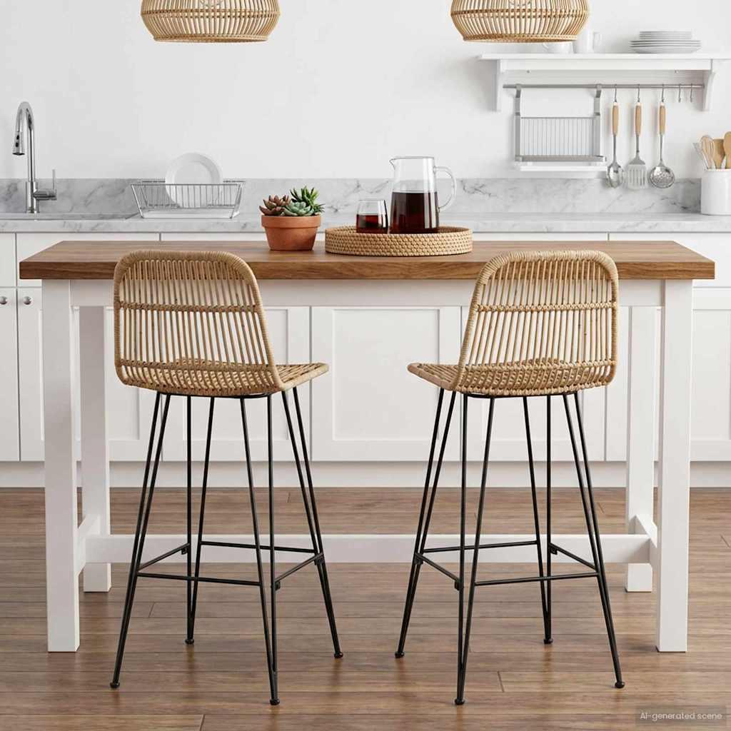 Barbænk 2 stk Naturfarvet 44 x 55 x 109 cm Rattan og Stål billede
