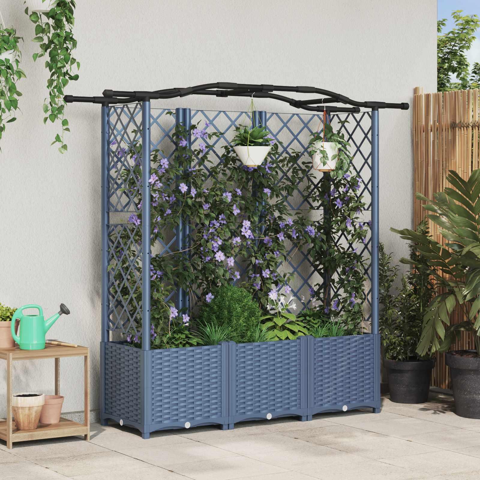 Hævet Bed med Trellis og Tag Grå 163 x 40 x 141 cm PP billede