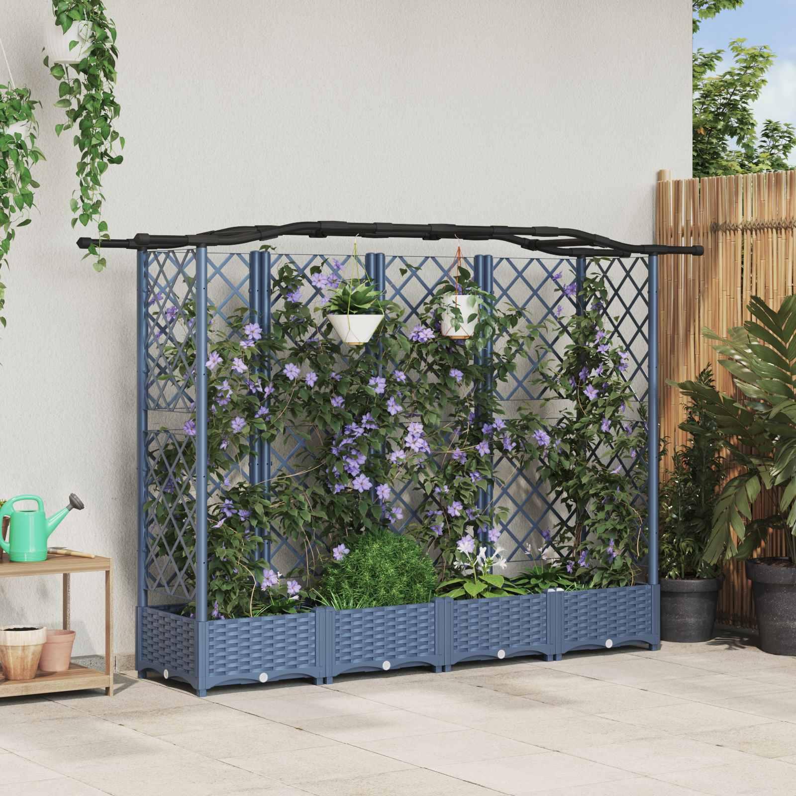 Hævet Bed med Trellis og Tag Grå 203,5 x 40 x 125 cm PP billede