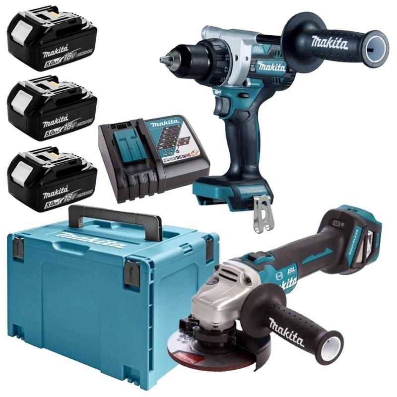 Makita 18V combo-sæt DLX2544TJ – DDF492 bore-/skruemaskine + DGA513 vinkelsliber, 3×5,0 Ah batterier og lader billede
