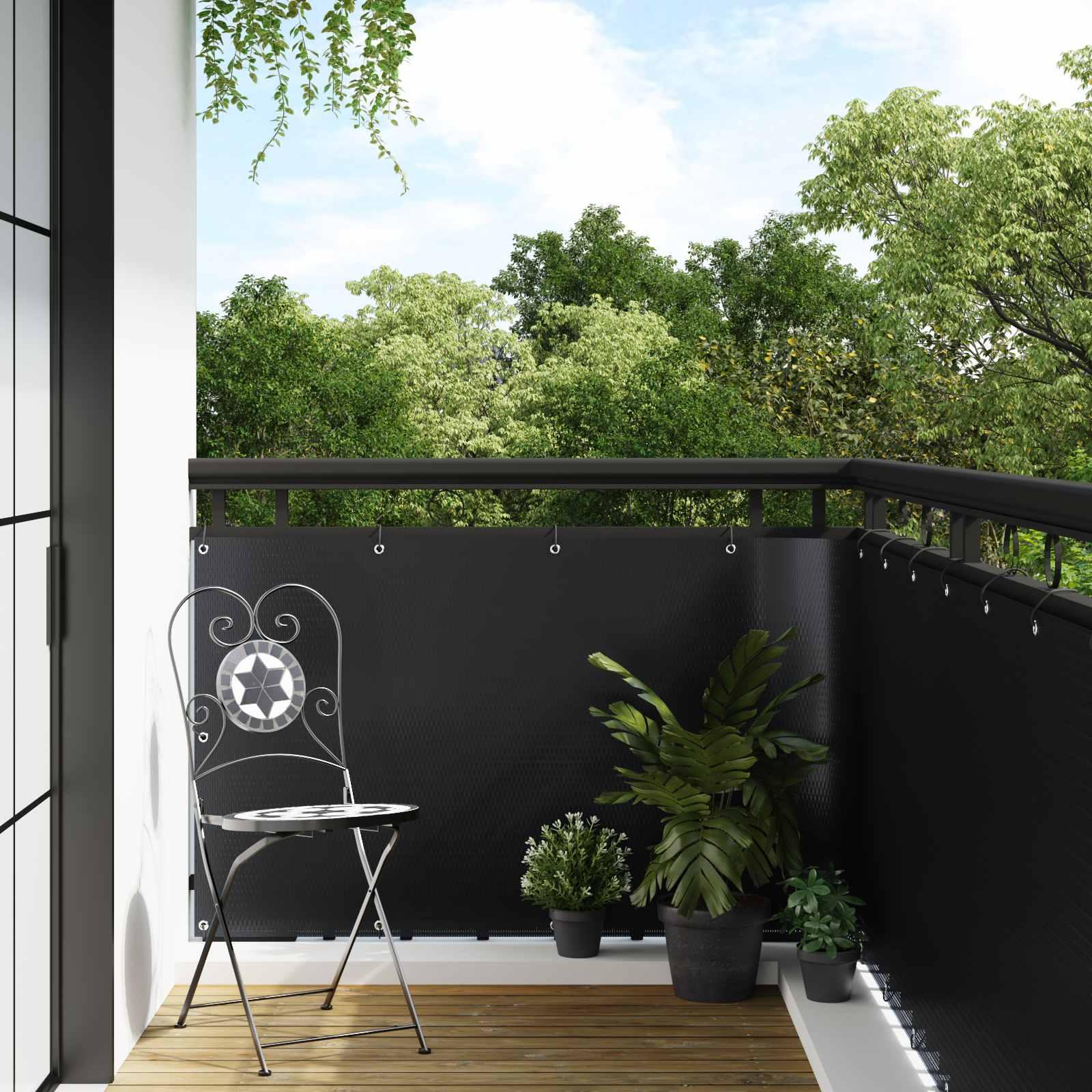 Balkonskærm med øjer - sort polyrattan 600 × 100 cm billede