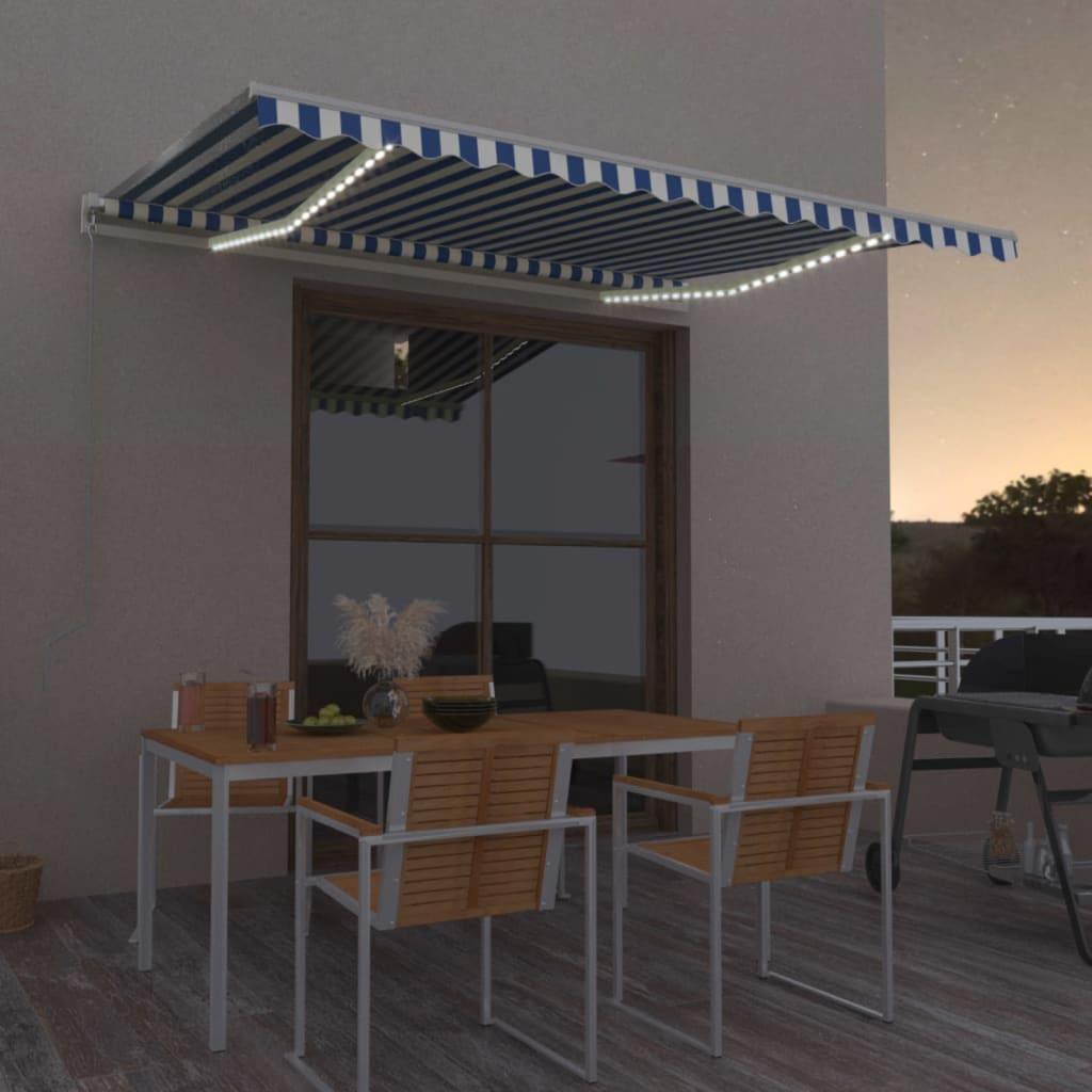 Markise m. LED + vindsensor 450x300 cm automatisk blå og hvid billede